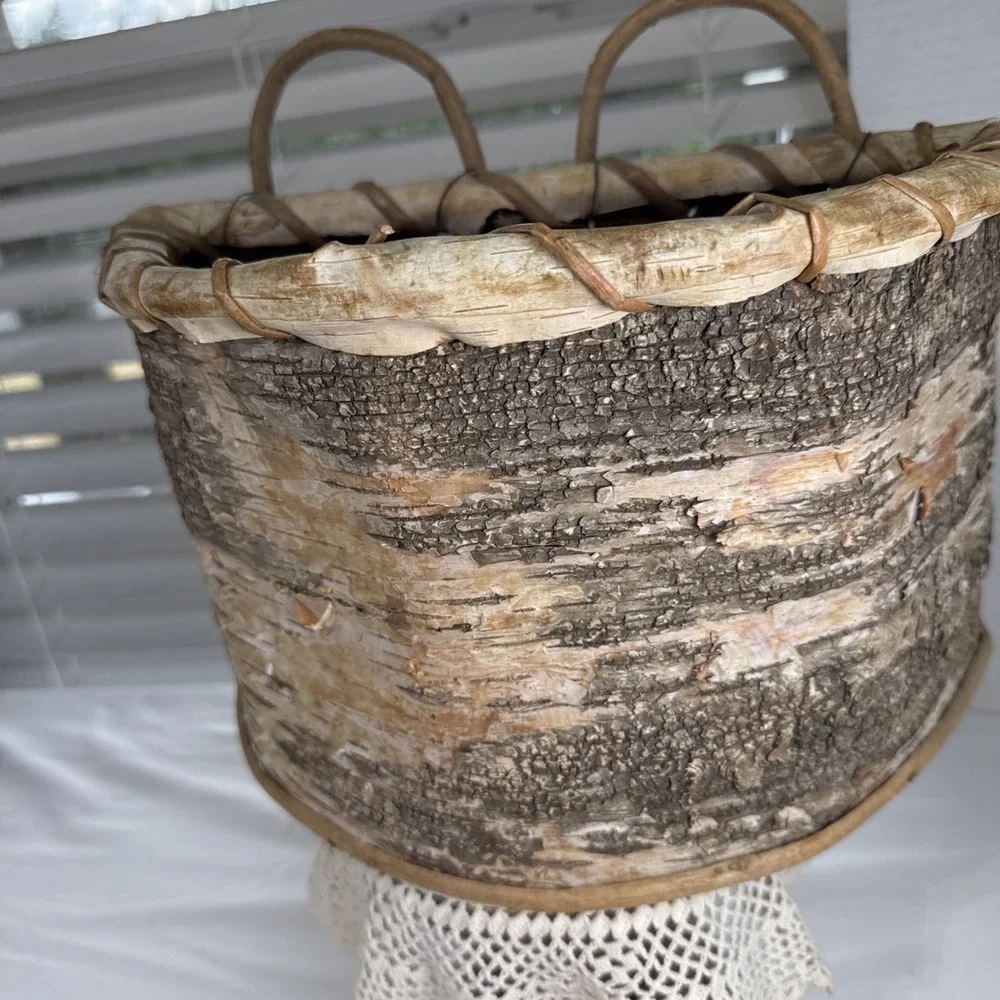 Vintage Birch Bark Wall Hanging 2 Loop Basket. Handmade.